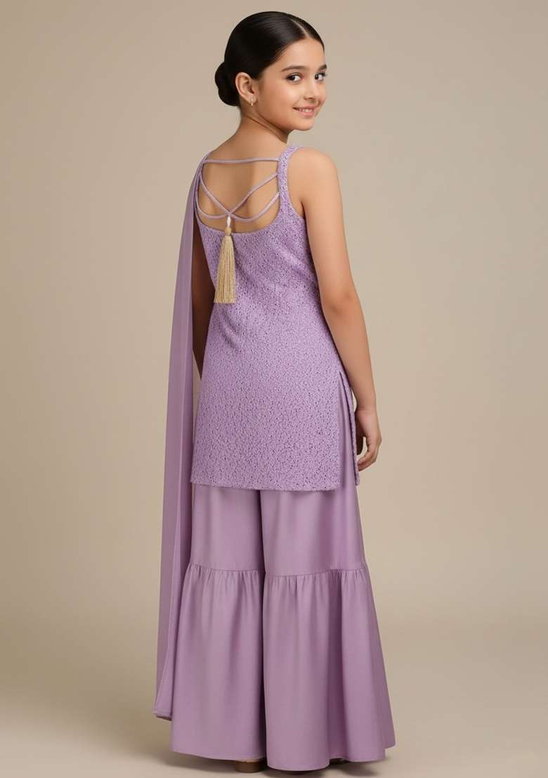 Girls Purple Embroidered Georgette Kurta Set - Indya