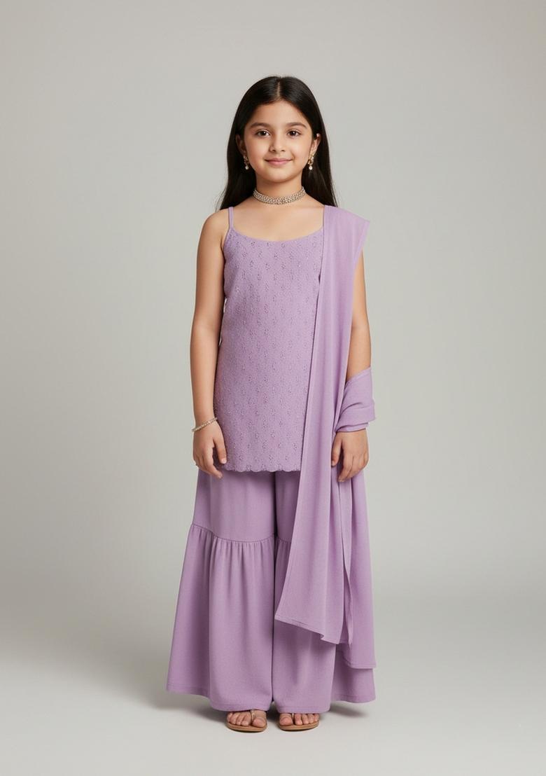 Girls Purple Embroidered Georgette Kurta Set - Indya