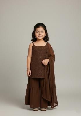 Girls Golden Sequin Georgette Kurta Set