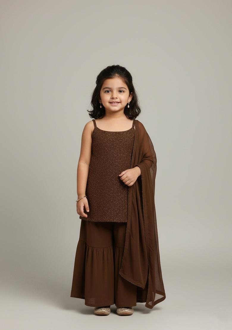 Girls Golden Sequin Georgette Kurta Set