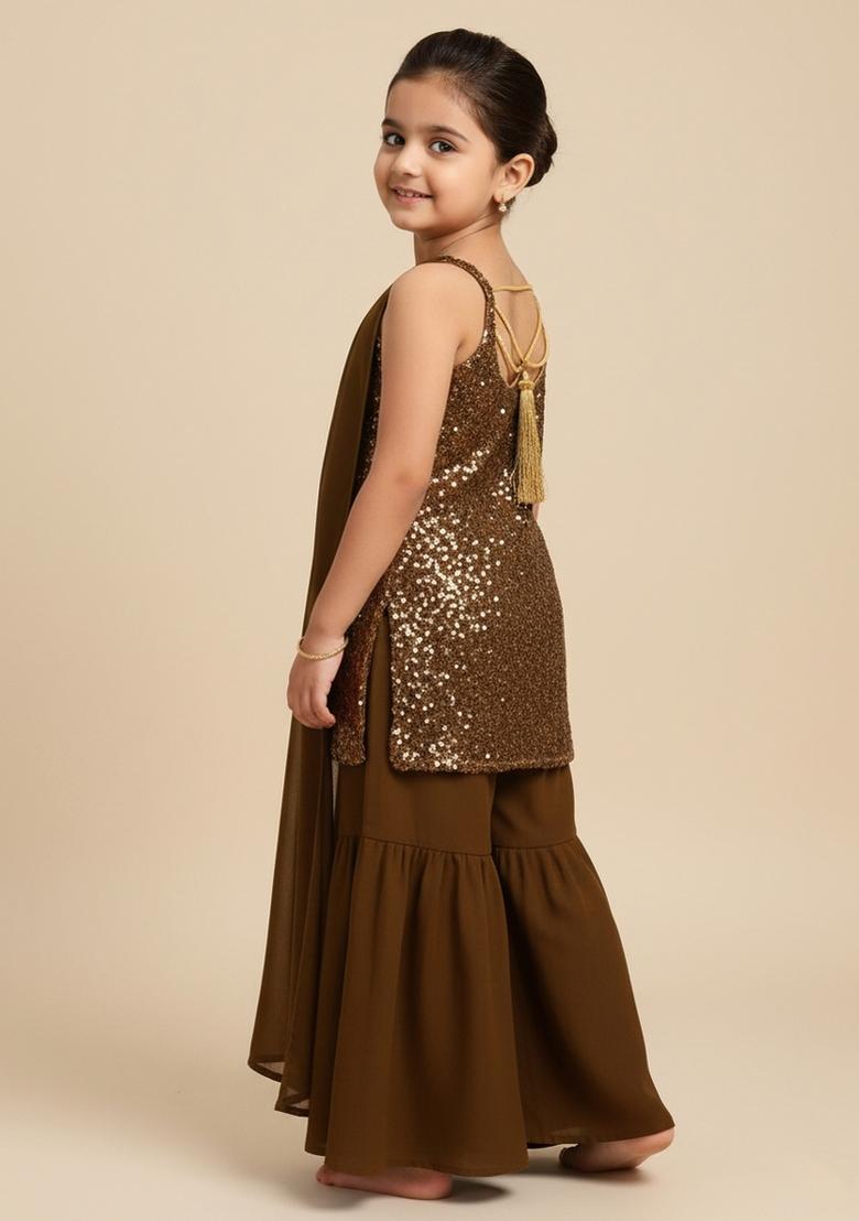 Girls Golden Sequin Georgette Kurta Set - Indya