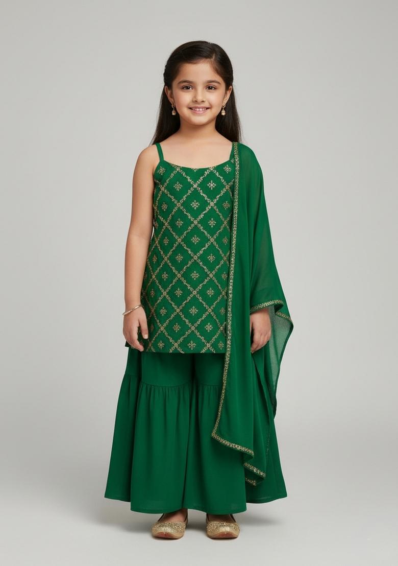Girls Green Embroidered Georgette Kurta Set - Indya