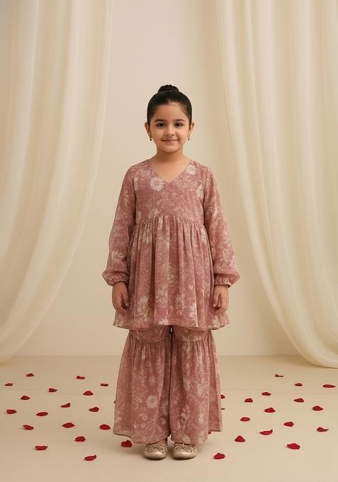 Girls Purple Floral Print Georgette Sharara Set