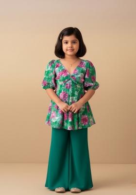 Girls Green Ikat Print Georgette Kurta Set