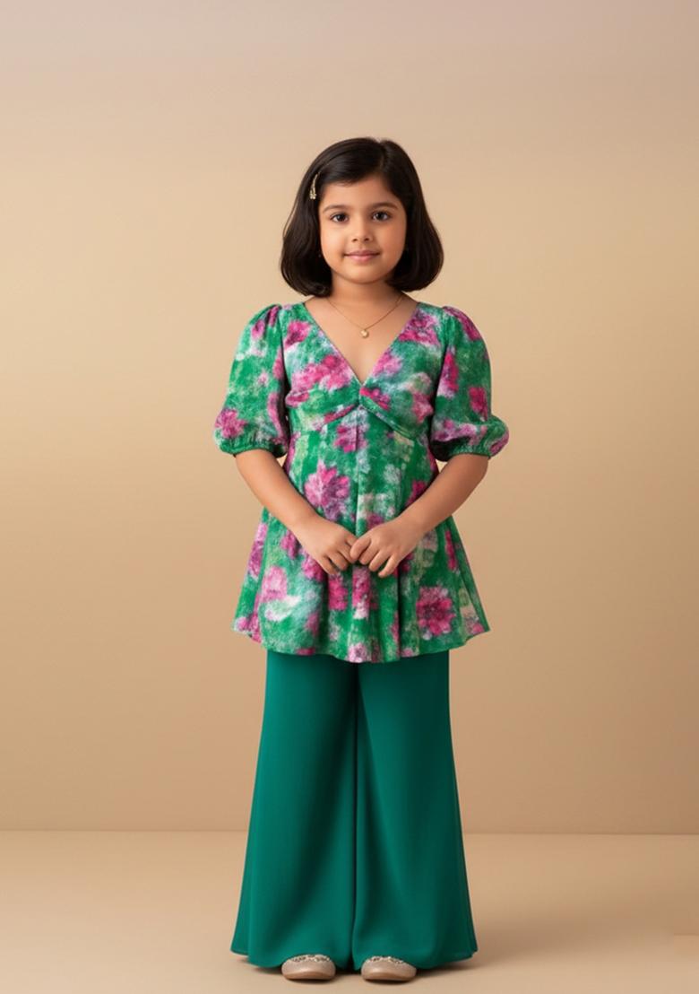 Girls Green Ikat Print Georgette Kurta Set