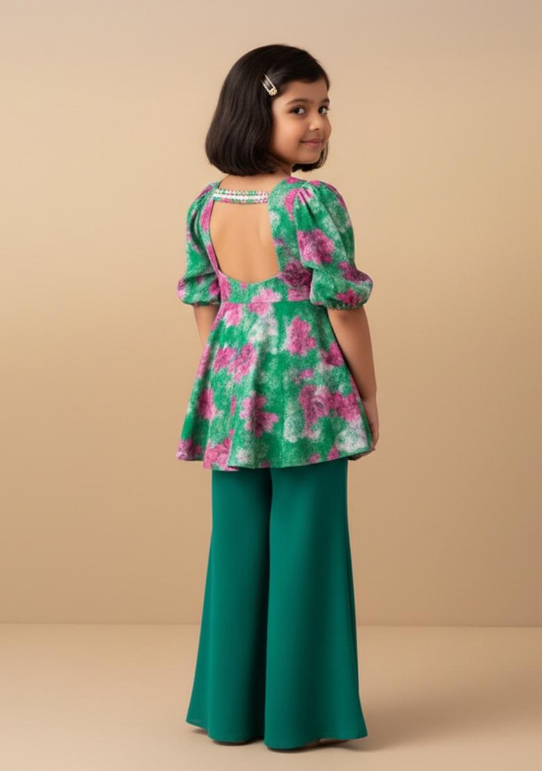 Girls Green Ikat Print Georgette Kurta Set - Indya