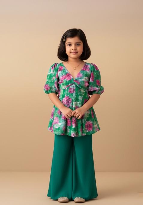 Girls Green Ikat Print Georgette Kurta Set
