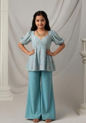 Girls Sky Blue Floral Print Georgette Kurta Set