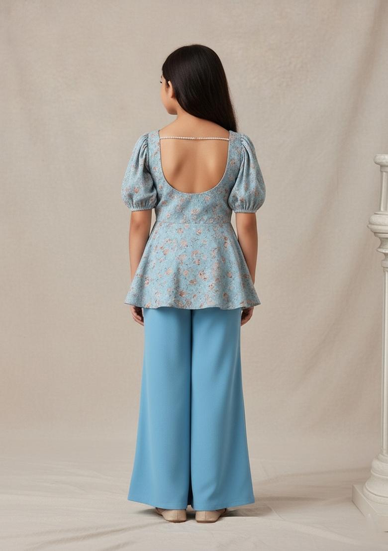 Girls Sky Blue Floral Print Georgette Kurta Set - Indya