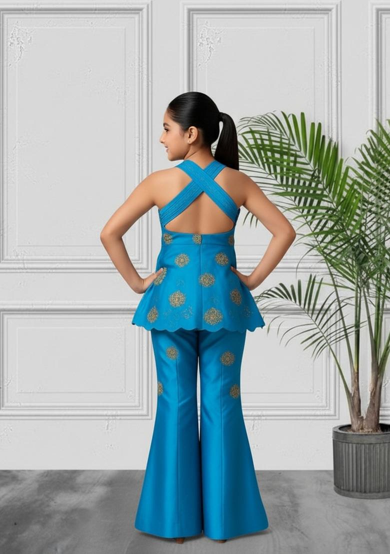 Girls Bright Blue Floral Print Chinon Kurta Set - Indya