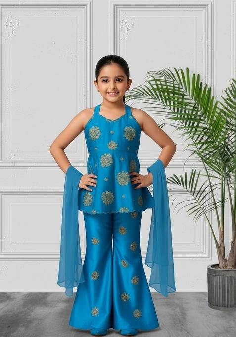 Girls Bright Blue Floral Print Chinon Kurta Set