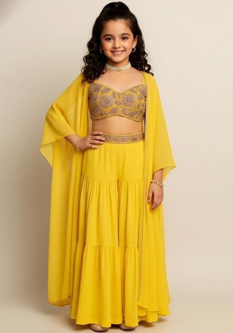 Girls Yellow Embroidered Georgette Sharara Set