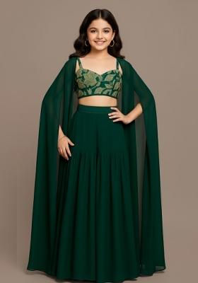Girls Dark Green Embroidered Georgette Sharara Set