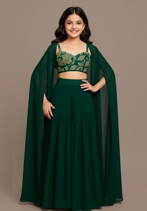 Girls Dark Green Embroidered Georgette Sharara Set