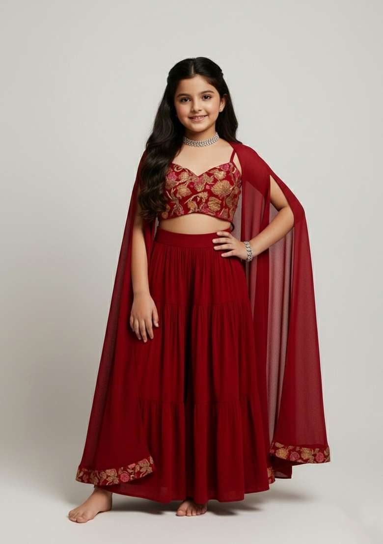 Girls Maroon Embroidered Georgette Sharara Set - Indya