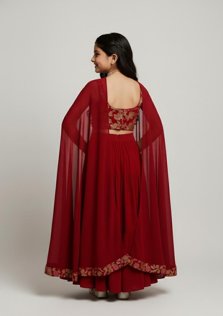 Girls Maroon Embroidered Georgette Sharara Set - Indya