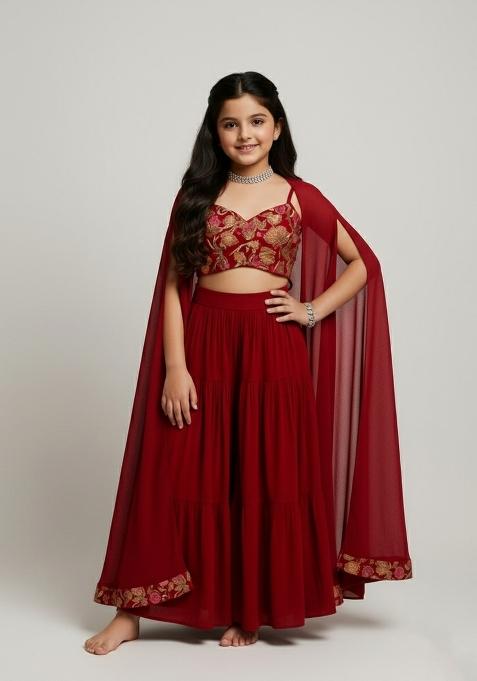 Girls Maroon Embroidered Georgette Sharara Set