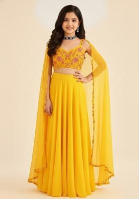 Girls Yellow Embroidered Georgette Sharara Set