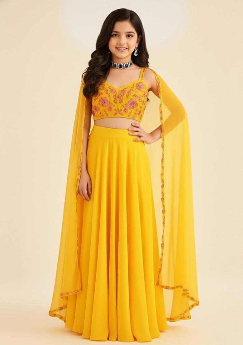 Girls Yellow Embroidered Georgette Sharara Set