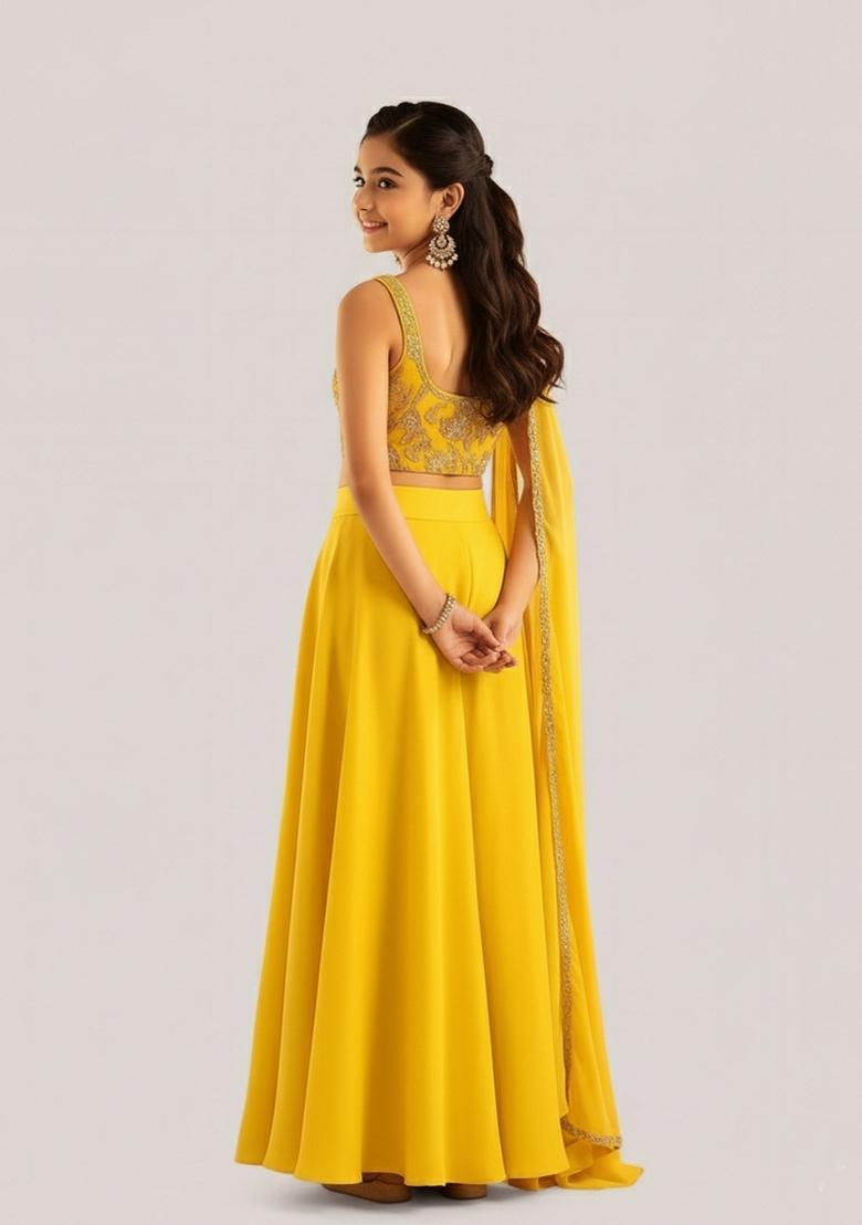 Girls Yellow Embroidered Georgette Sharara Set - Indya