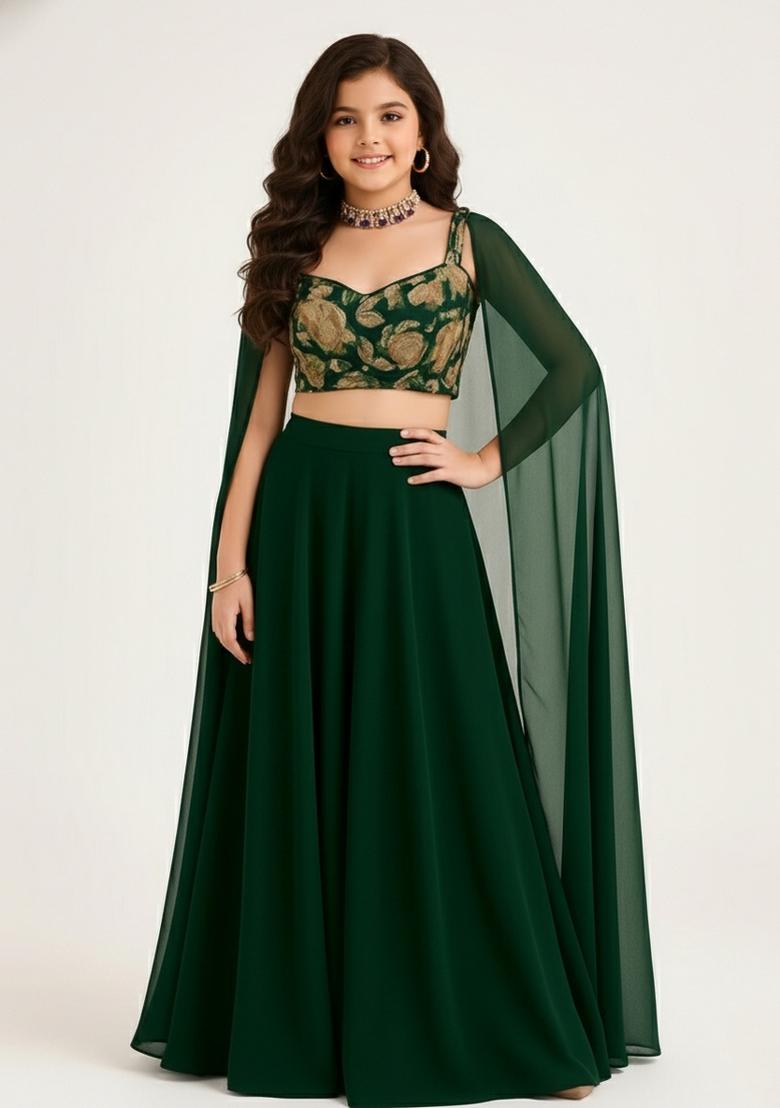 Girls Dark Green Embroidered Georgette Sharara Set