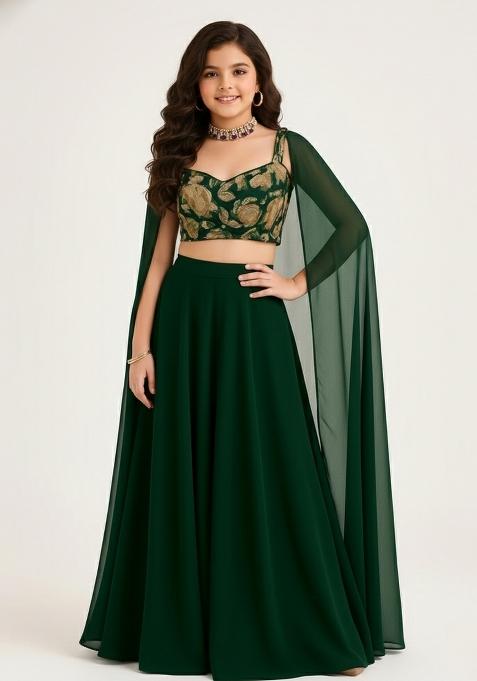 Girls Dark Green Embroidered Georgette Sharara Set