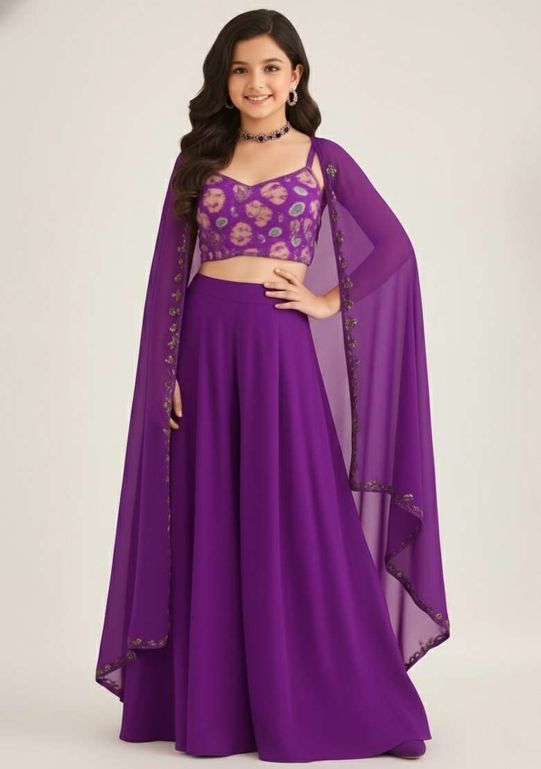 Girls Purple Embroidered Georgette Sharara Set - Indya