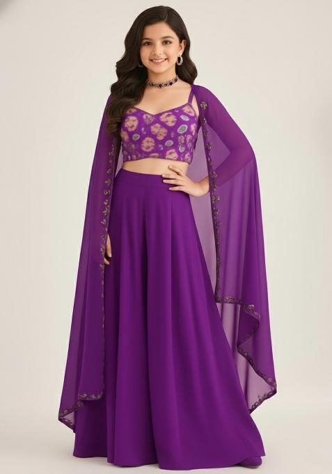 Girls Purple Embroidered Georgette Sharara Set
