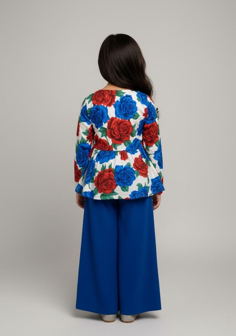 Girls Royal Blue Floral Print Crepe Kurta Set - Indya