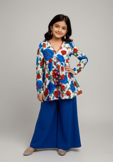 Girls Royal Blue Floral Print Crepe Kurta Set
