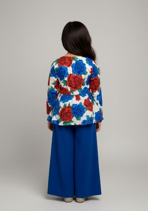 Girls Royal Blue Floral Print Crepe Kurta Set