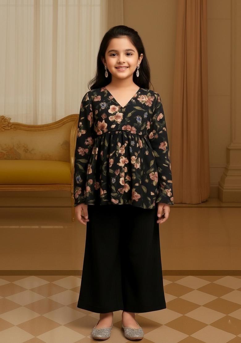 Girls Black Floral Print Crepe Kurta Set - Indya