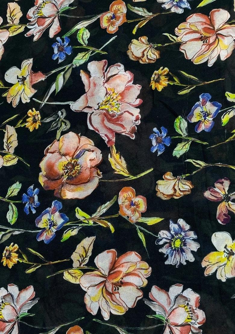 Girls Black Floral Print Crepe Kurta Set - Indya