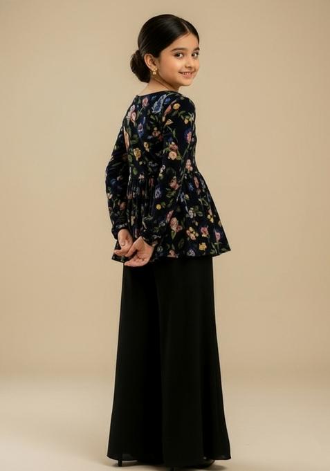 Girls Black Floral Print Crepe Kurta Set