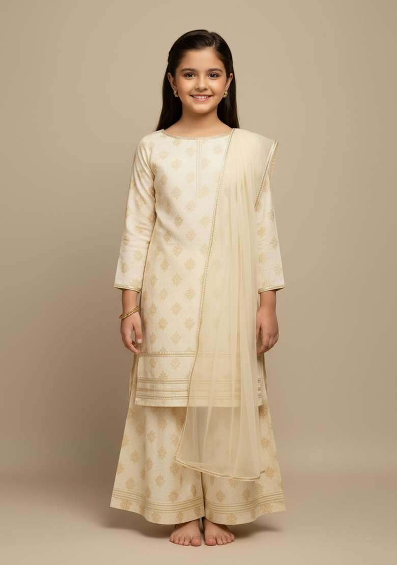Girls White Lurex Chanderi Kurta Set - Indya