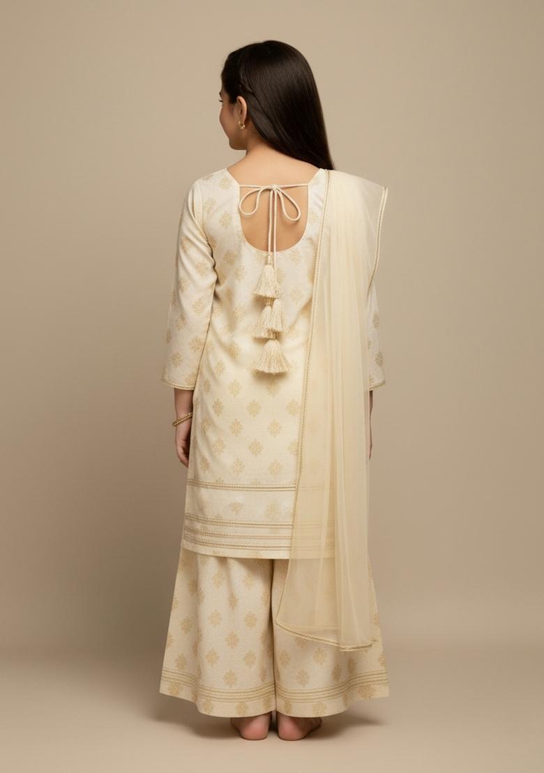 Girls White Lurex Chanderi Kurta Set - Indya