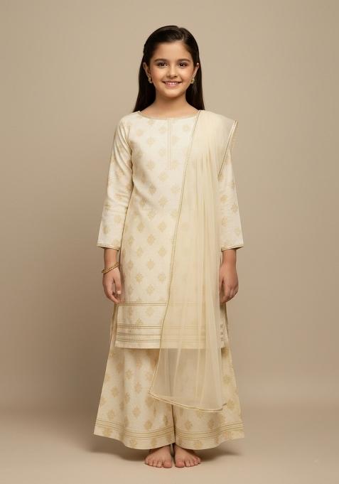 Girls White Lurex Chanderi Kurta Set