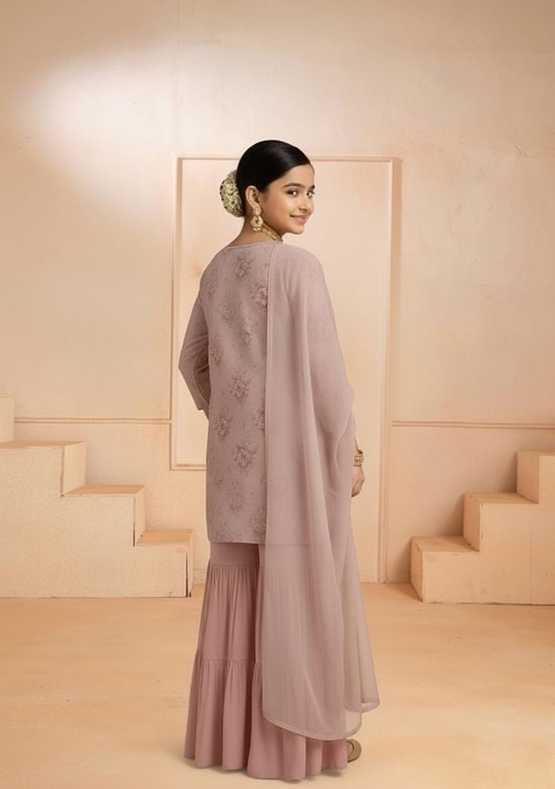 Girls Pink Floral Print Chiffon Kurta Set - Indya