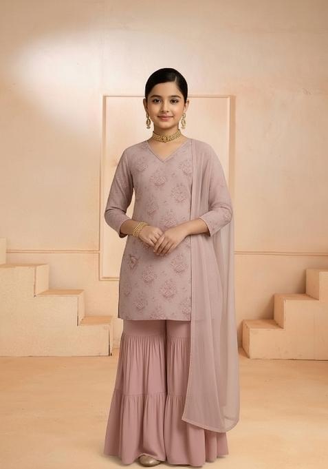 Girls Pink Floral Print Chiffon Kurta Set