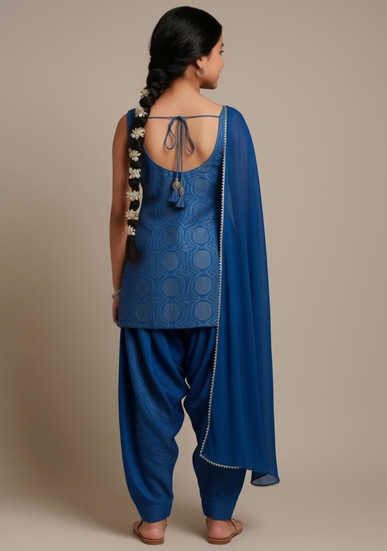 Girls Blue Brocade Kurta Set - Indya