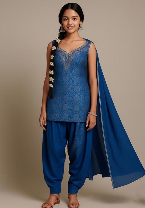 Girls Blue Brocade Kurta Set