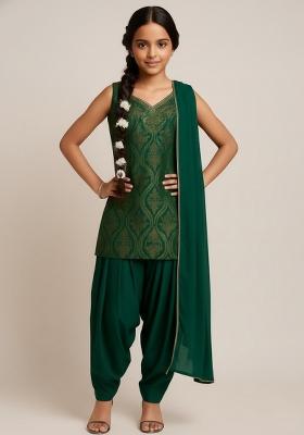 Girls Green Brocade Kurta Set