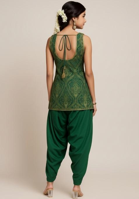 Girls Green Brocade Kurta Set