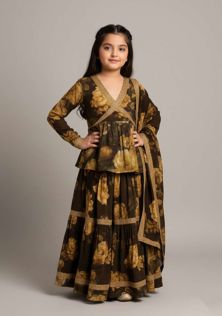 Girls Multicolor Floral Print Chiffon Kurta Set - Indya