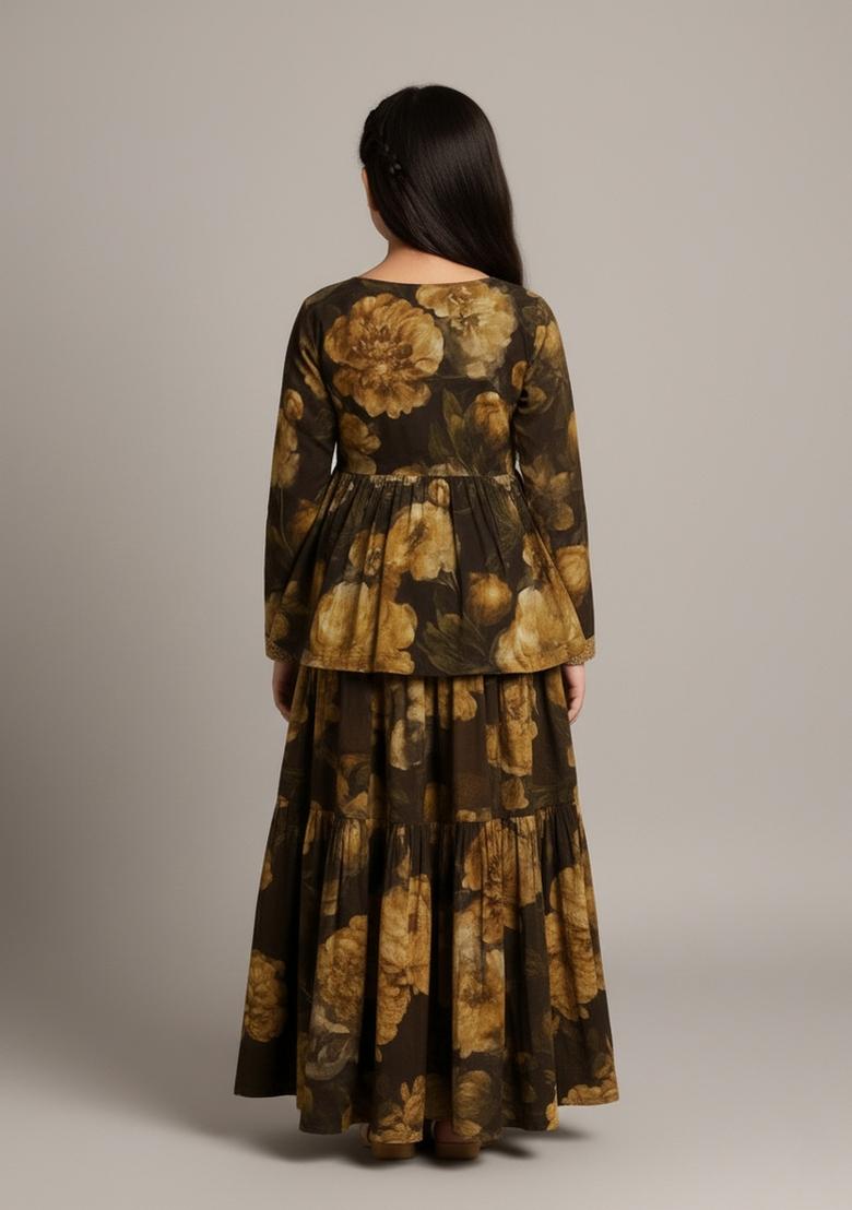 Girls Multicolor Floral Print Chiffon Kurta Set - Indya