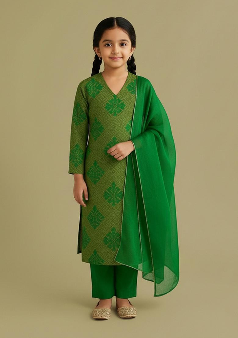 Girls Light Green Brocade Kurta Set