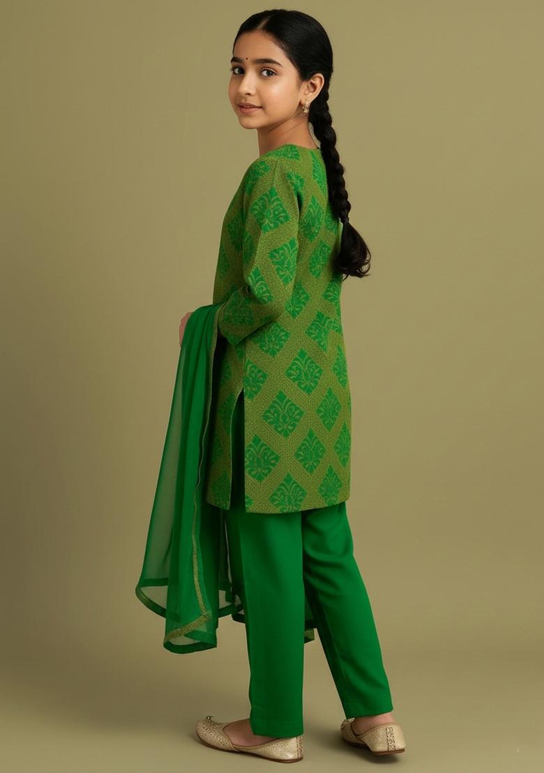 Girls Light Green Brocade Kurta Set - Indya