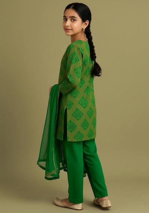 Girls Light Green Brocade Kurta Set