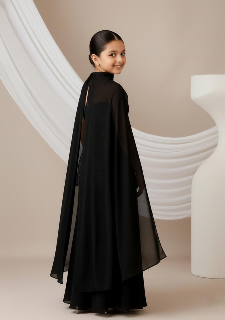 Girls Black Embellished Georgette Sharara Set - Indya
