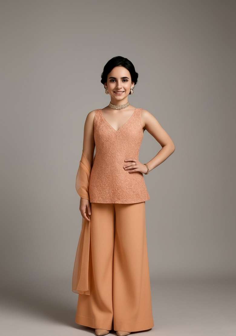 Girls Peach Embroidered Georgette Sharara Set - Indya